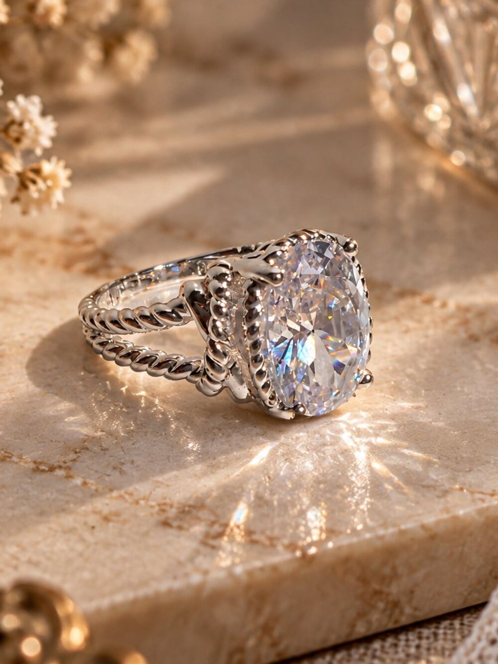 Silver Tone Large Oval CZ Twisted Cable Split Shank Statement Ring Size 9
